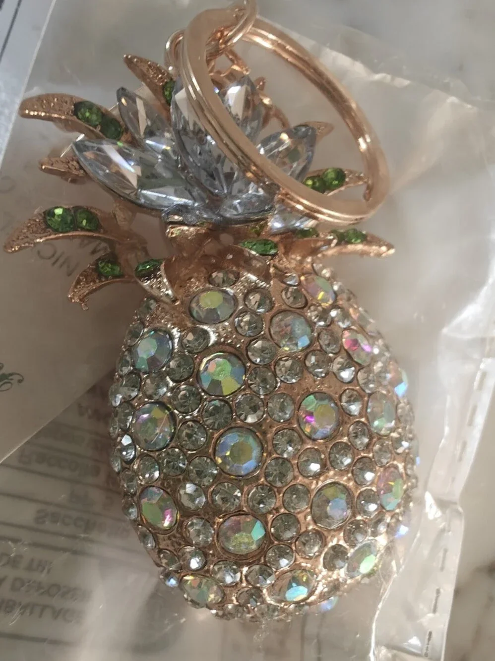 Gold Crystal Pineapple Rhinestone Bag Charm Keychain w/Lt Blue & Green Accents